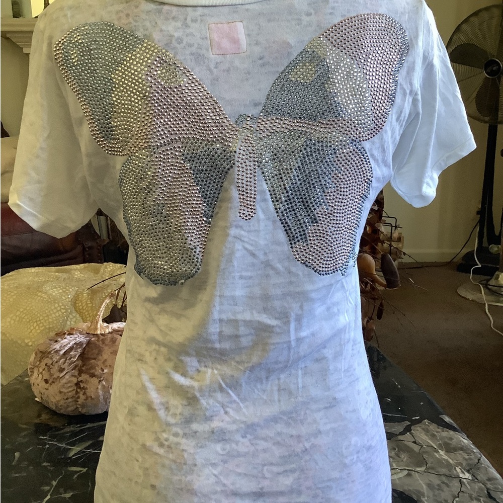 E.vil Swarovski Crystal vintage white burnout short sleeve tee shirt size small